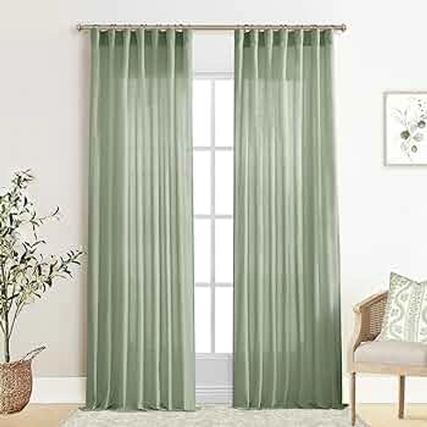 XTMYI Sage Green Curtains 84 Inches Long for Living Room,Window Coverings 60-70% Heat Blocking Hooks Pleated Back Tab Linen Summer Curtains for Bedroom,84 Inch Length 2 Panels Set,Light Green