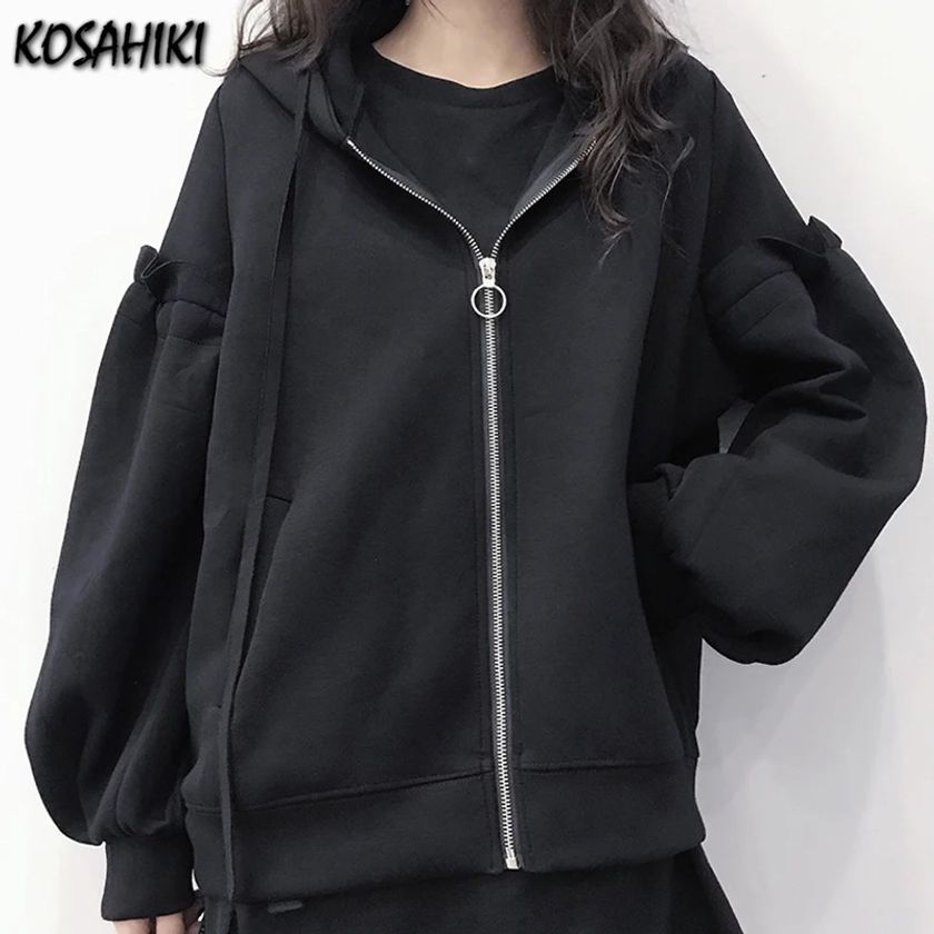 KOSAHIKI-sudaderas con capucha para mujer, abrigo informal sólido que combina con todo, manga de linterna, moda femenina, estudiante, estilo coreano - AliExpress