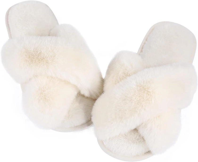 Ankis Womens Fuzzy Memory Foam Slippers Cross Band Cozy Plush Home Slippers Fluffy Furry Open Toe House Shoes Indoor Outdoor Slide Slipper