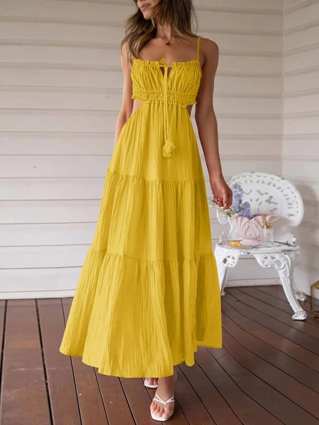 Amazon.com: Fisoew Women's Spaghetti Strap Maxi Dress Summer Sleeveless Side Cut Out Dress Casual Boho Backless Flowy Long Dresses Yellow : Clothing, Shoes & Jewelry