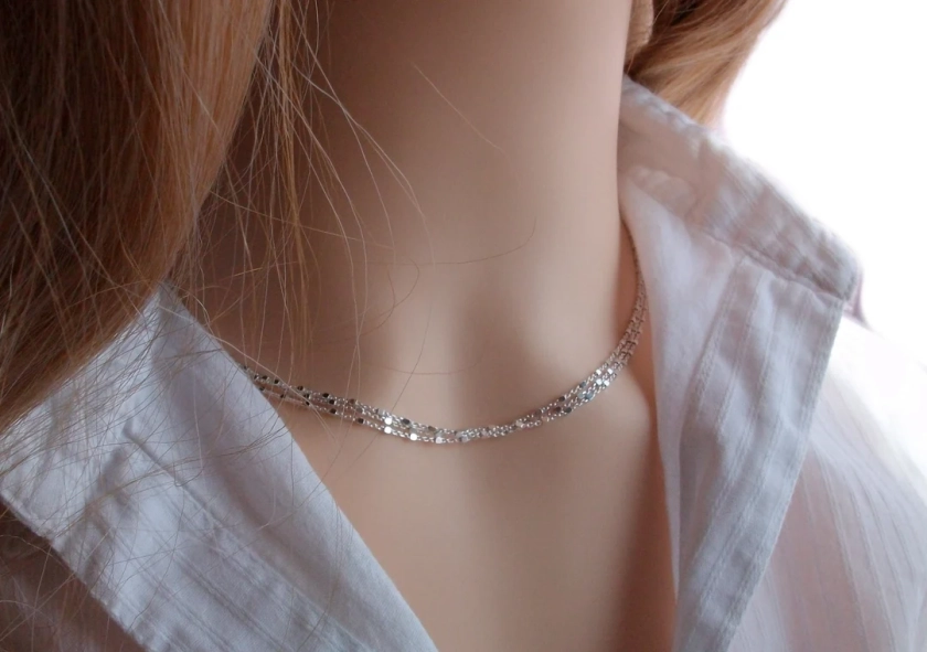 Collier multirang, Ras de cou Argent 925, Chaine petites perles carrées, Idée cadeau pour femme - Etsy France
