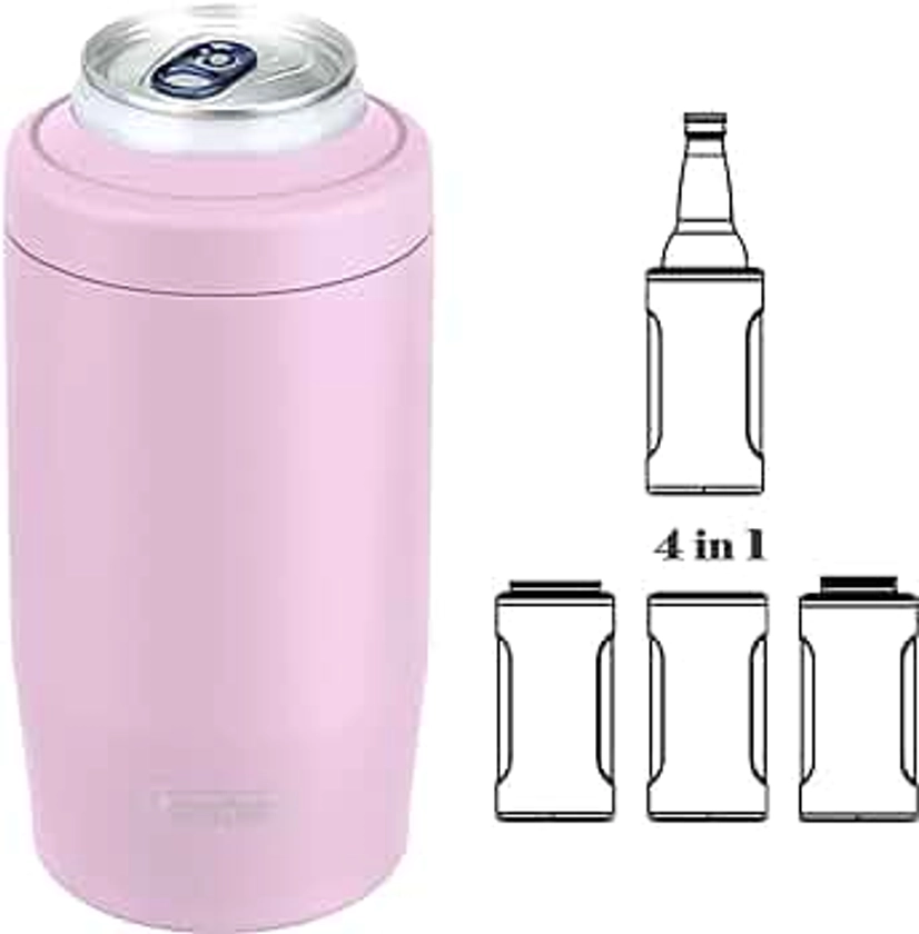 4-in-1 Skinny Can Cooler Double Wall Stainless Steel Insulated Can Holder,Can Coozie, Works With 12 Oz Slim Can,Standard Cans,Beer Bottles & As Pint Cups (Pink)