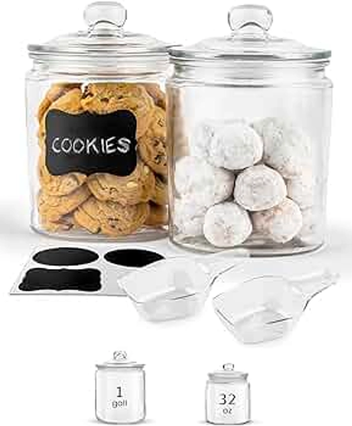 KooK Glass Kitchen Jars, Food & Cookie Storage Containers for Pantry, Bathroom Apothecary Canisters, Dishwasher Safe, with Chalk, Label, Plastic Scoops, 1/2 Gallon, Set of 2