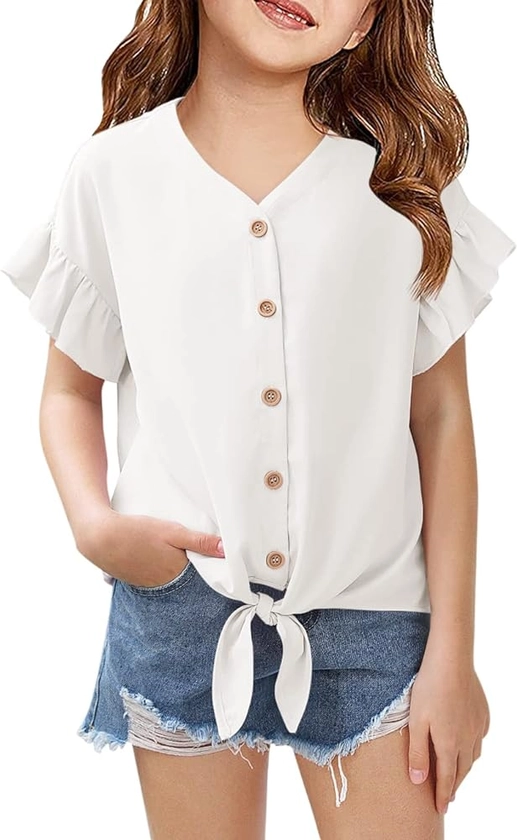 Girls Ruffle Short Sleeve Shirts V Neck Tie Front Knot Tops Button Cute Tunic Shirts Blouse