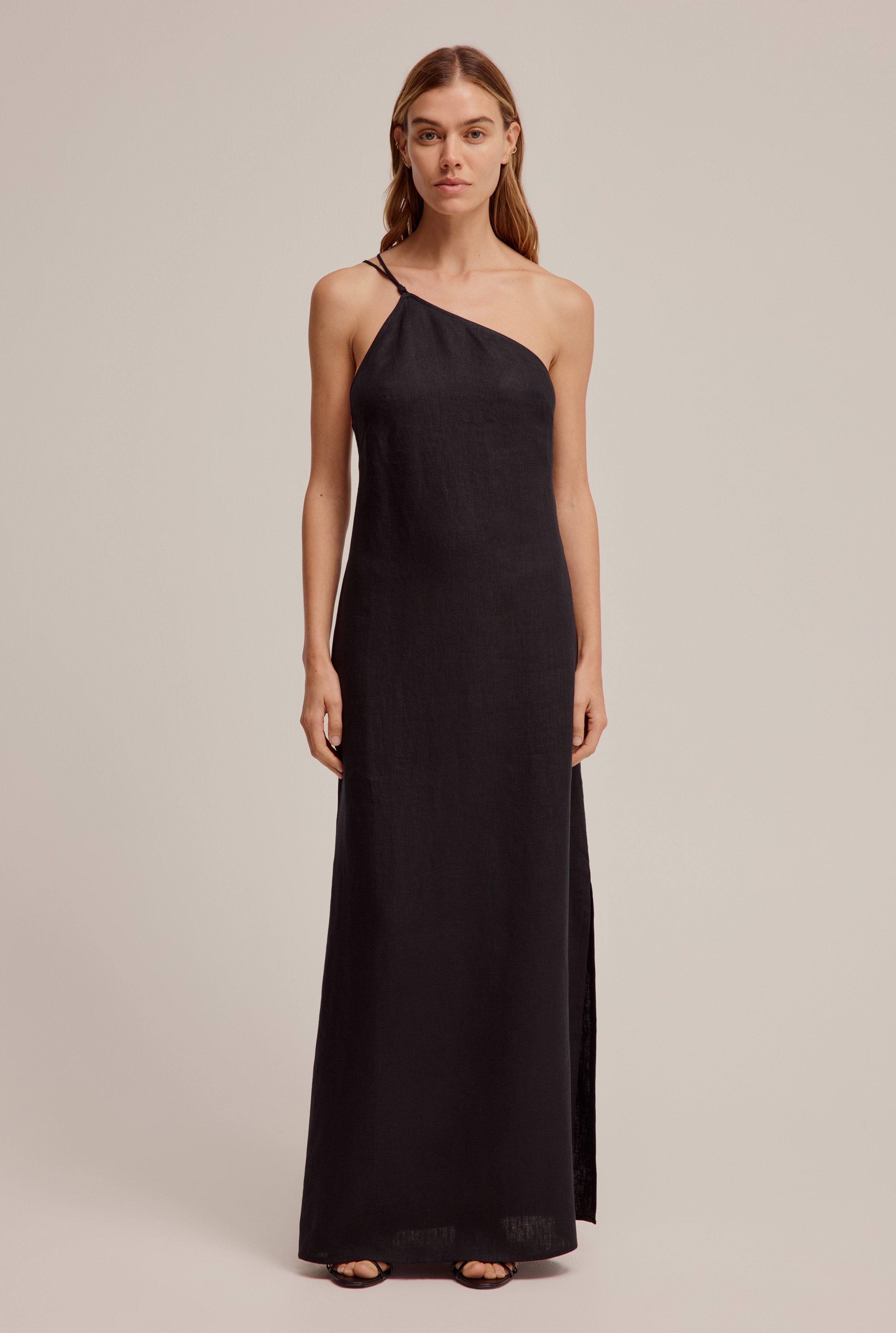 Venroy - Womens One Shoulder Linen Dress in Black | Venroy | Premium Leisurewear designed in Australia