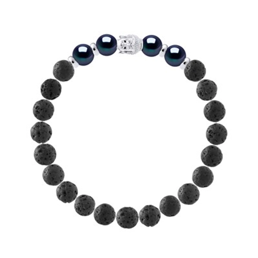 Bracelet BUDDAH Véritables Perles de Culture Colori BLACK TAHITI - Pierre de Lave Naturelle - Argent 925 RODNEY AND ROLF | MATY
