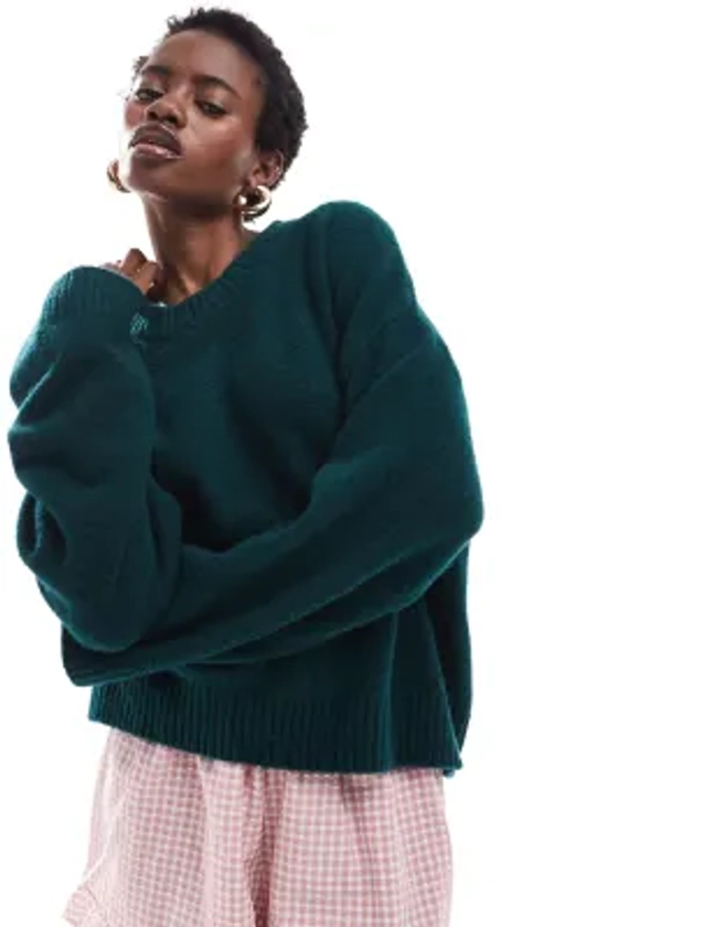 Monki - Pull décontracté en maille à col rond - Vert forêt foncé | ASOS