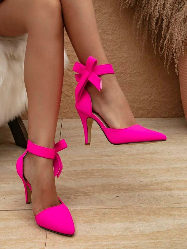Ladies' Fashionable Pointed Toe High Heels In Bright Pink Color With Bow Knot Detail | SHEIN USA