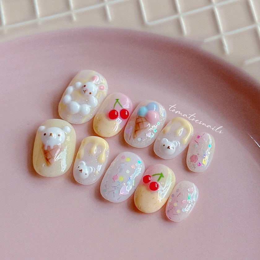 Ice-cream Donut, Sweets Bunny Nails, Cute Cherry Bear Nails, Cute Donut Nails, Sweet Yummy Nails, Kawaii Press On Nails, Cute 3D Nails