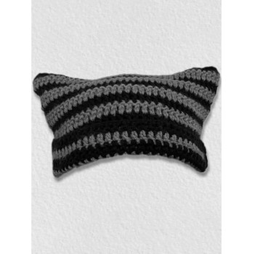 Hand Made Horn Detail Striped Knitted Hat