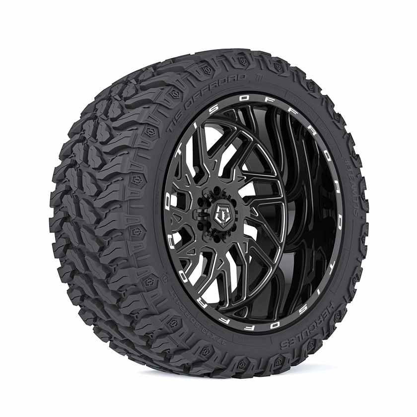 22x12 TIS 544BM | Gloss Black Milled Wheels | 35x12.50R22 Hercules TIS TT1 MT