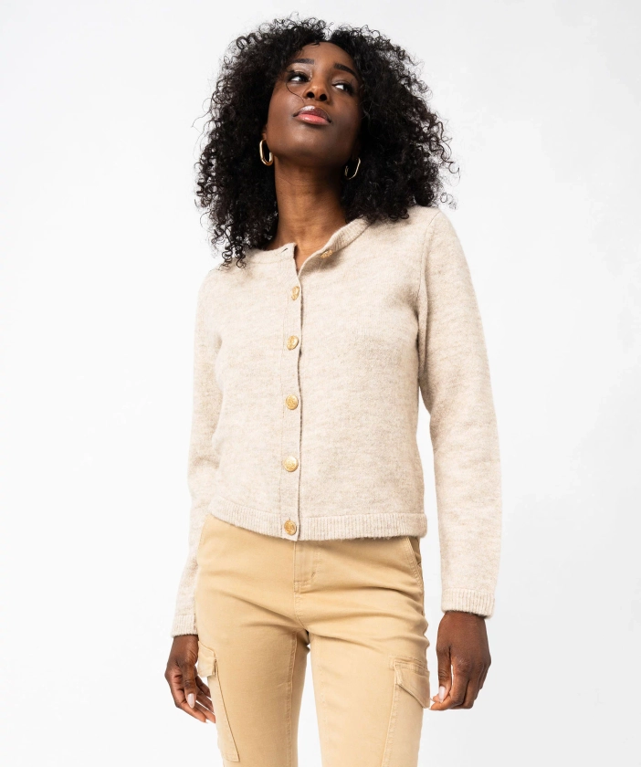 Gilet à col rond avec boutons fantaisie femme beige | GEMO