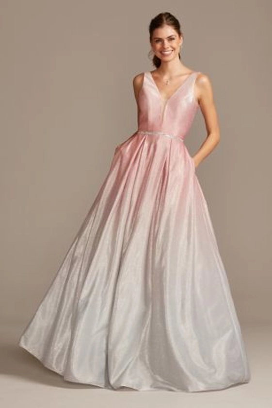 Glitter Ombre Deep-V Gown with Crystal Belt | David's Bridal