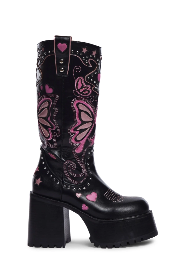 Dolls Kill x Bratz Embroidered Butterfly Platform Boots - Black/Pink