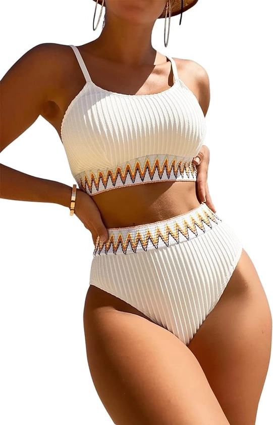 Amazon.com: SHENHE Women's 2 Piece High Waist Bikini Sets Geo Print Ribbed Swimsuit Bathing Suit White-Chevron Tape M : Clothing, Shoes & Jewelry