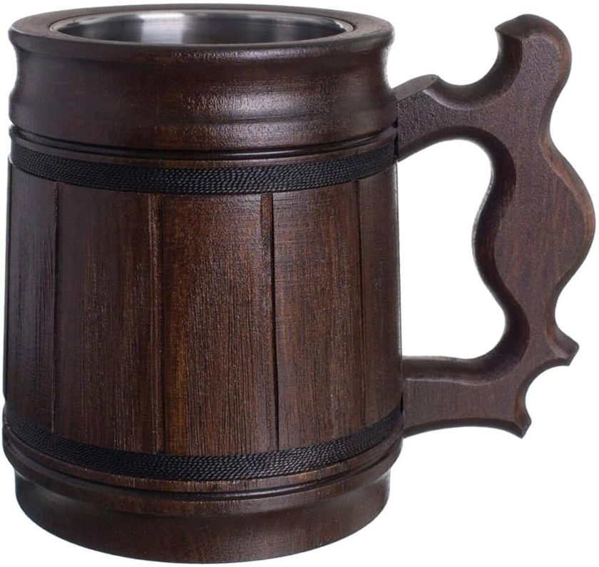 Handmade Beer Mug Oak Wood Stainless Steel Cup Gift Natural Eco-Friendly 0.3L 10oz Classic Brown: Glassware: Amazon.com.au
