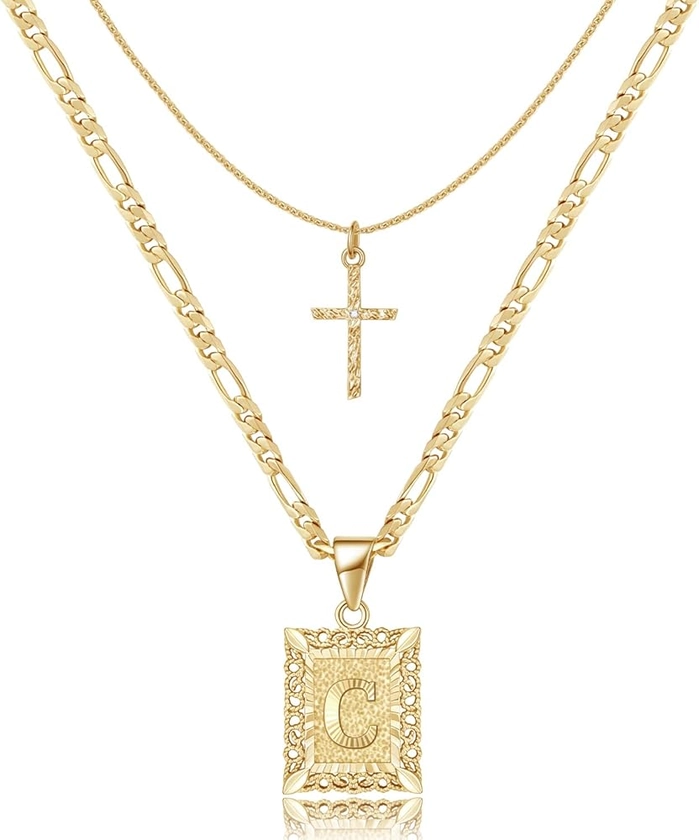 KELORIS PATH Gold Layered Initial Cross Necklace, 14K Gold Plated Layering Square Letter Pendant Figaro Chain Cross Choker from A-Z Capital Jewelry for Women Girls