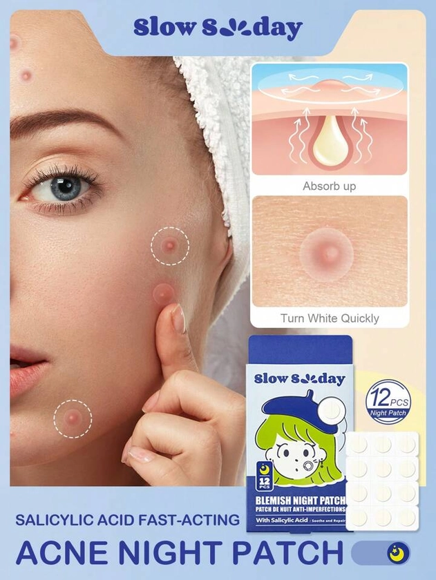 Hydrocolloid Acne Pimple Night Patch 12 PCS , For Covering Zits and Blemishes, Spot Stickers for Face and Skin, Overnight Working Spot Patches