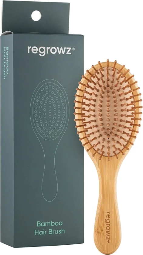 Regrowz Bamboo Hair Brush - Detangles & Eliminates Knots - Wooden Brush on Thick & Thin Hair - Anti Breakage with Round Natural Bristles for All Hair Types