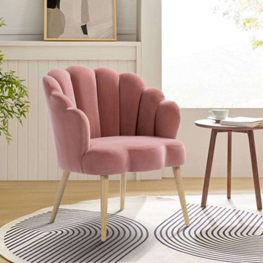 Maël Modern Scalloped Velvet Accent Chair with Solid Wood Legs | Karat Home - Pink