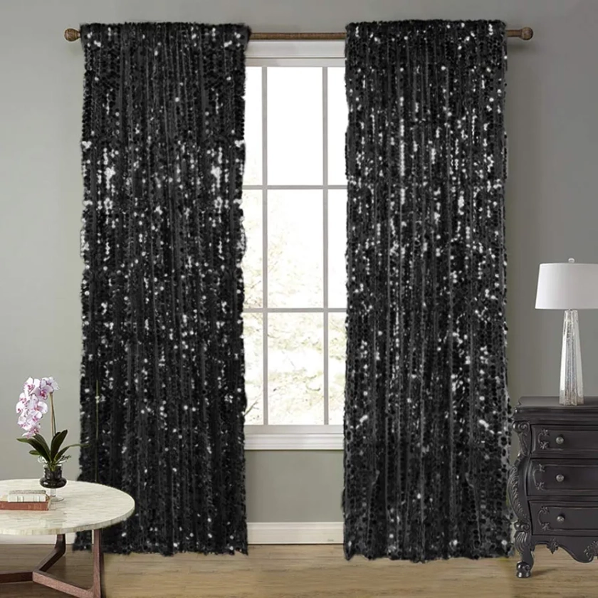 SFN18MM Black Big Sequin Payatte Backdrop Curtains 4.5FTX9FT 2 Panels-Black Drapes Curtains for Thanksgiving Christmas Home Party Supplies
