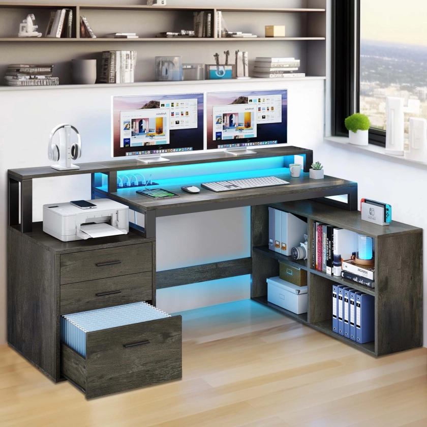 Carolgene 65'' L Shaped Desk with Power Outlets & LED Lights