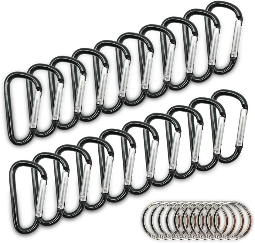 20PCS Mini 1.85"/4.7CM Aluminum Carabiners with 10PCS Nickel Metal Key Rings Lightweight D Shape Keychain Clips Small Multipurpose Carabiner Buckles for Indoor Outdoor Use