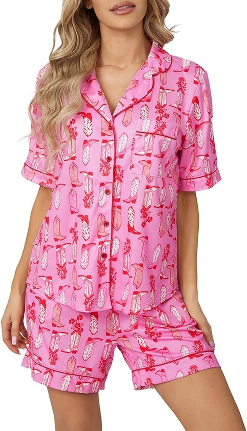 Cowboy Boot Pajamas For Women Cute Silk Satin Preppy Pjs Shorts Y2k Printed 2 Piece Button Down Pajama Shirts Sets