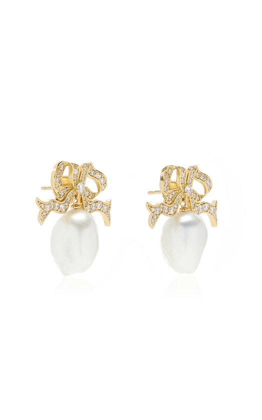 Bow 18K Yellow Gold Diamond, Pearl Earrings