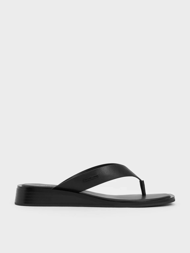 Black V-Strap Wedge Thong Sandals | CHARLES & KEITH