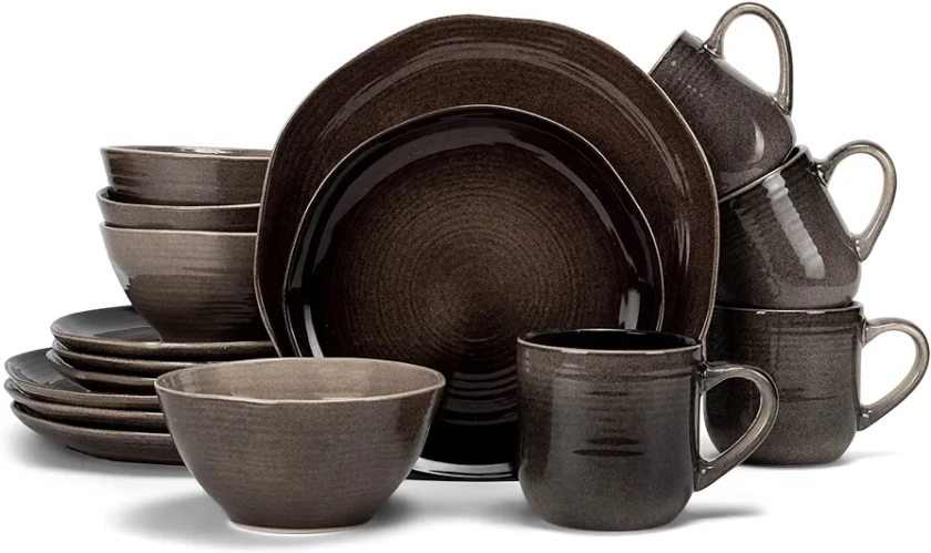 Elanze Designs Reactive Glaze Farmhouse Rustic Boho Ceramic Stoneware Dinnerware 16 Piece Plate Bowl Mug Dish Set - Service for 4, Mocha Grey Ombre