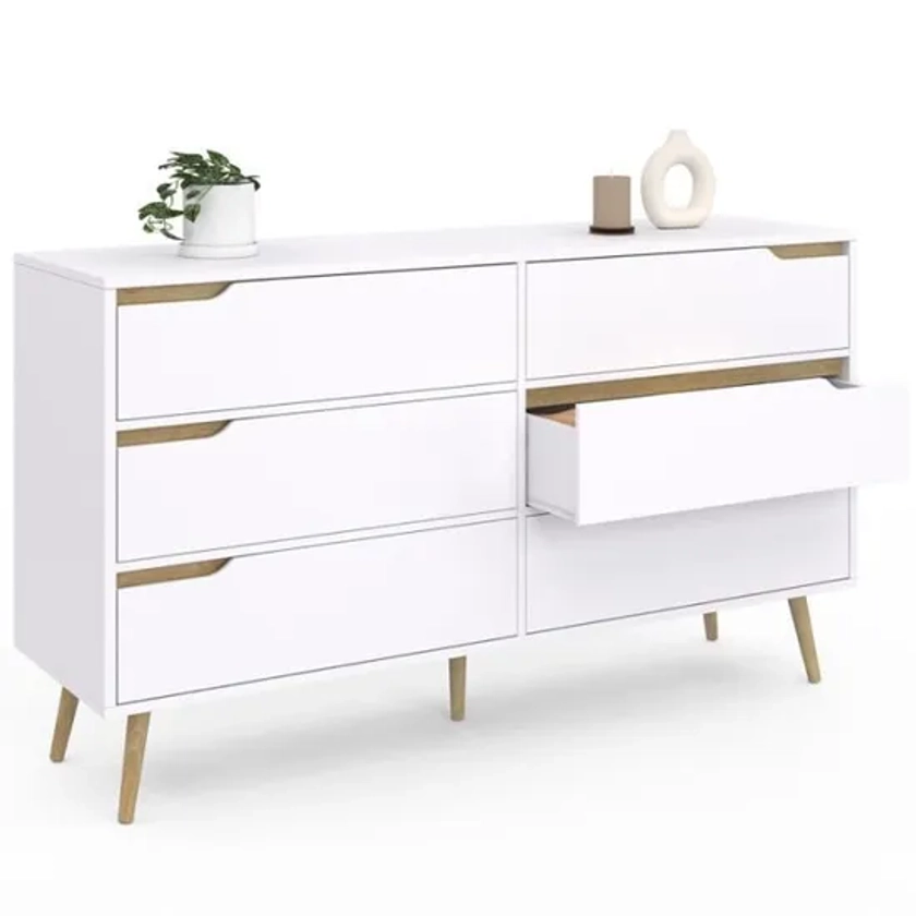 IDMARKET Commode 6 tiroirs HELSINKI XXL 140 cm scandinave blanc