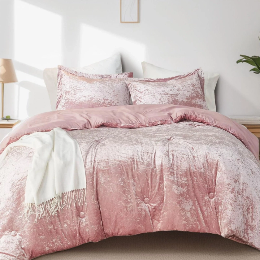 Comfort Spaces Full/Queen Cozy Velvet Comforter Sets 3-Piece Luxe All Season Down Alternative Bedding Set Blush Pink