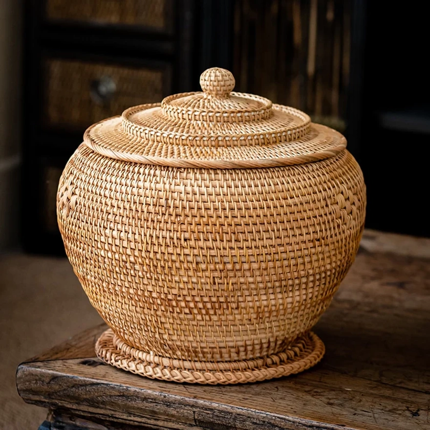 Handwoven Rattan Storage Jar With Lid