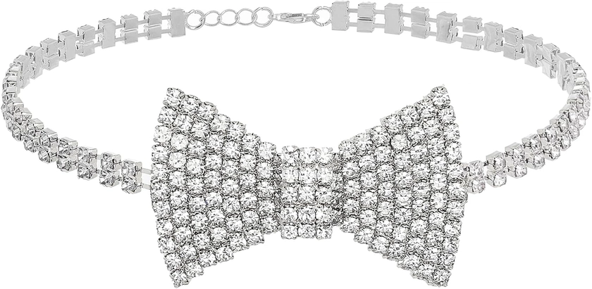 Sethexy Sparkly Rhinestone Choker Glitter Bowtie Necklace Bowknot Tennis Chain Party Nightclub Wedding Costume Jewelry for Women