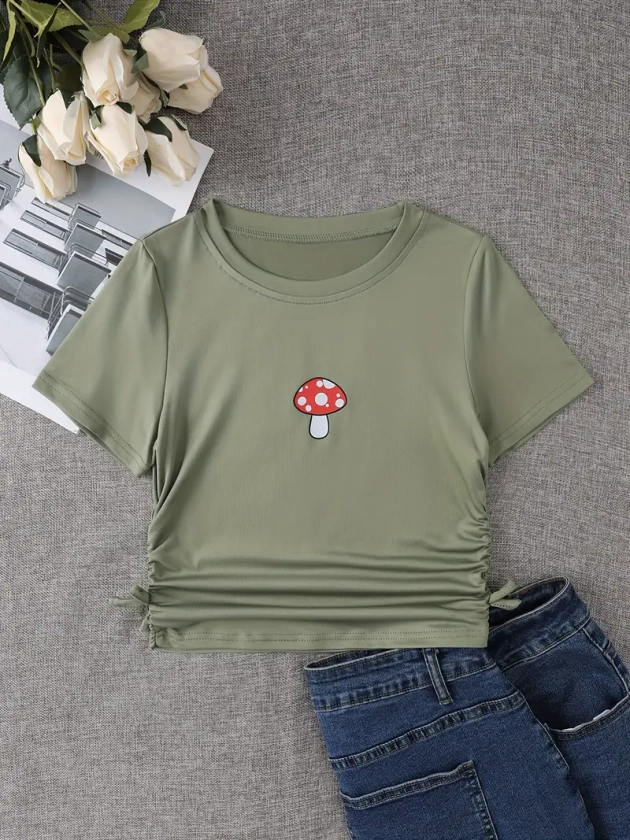 Cute Mushroom Graphic Crew Neck Short Sleeve T-shirt Tops For Girls Summer