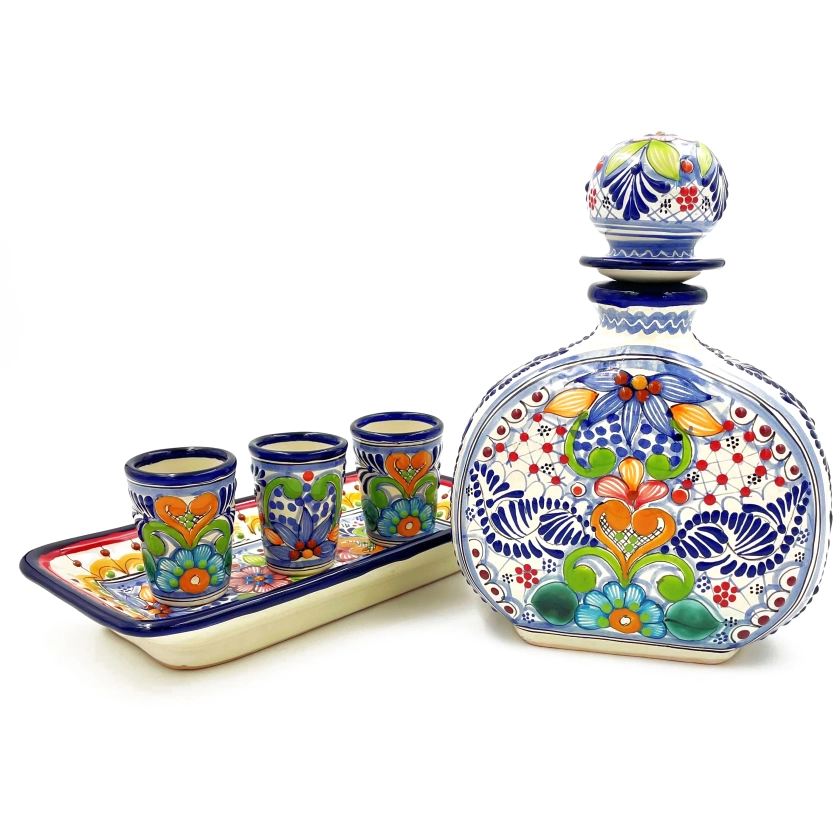 Vibrant Flower Tequila Decanter Set- Handcrafted Talavera Tequila Deca
