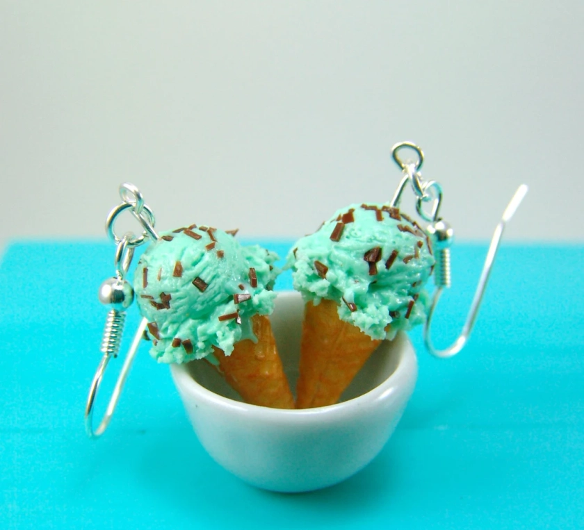 Ice Cream Earrings in Mint Chocolate Chip // MADE TO ORDER// Miniature Food Earrings - Etsy