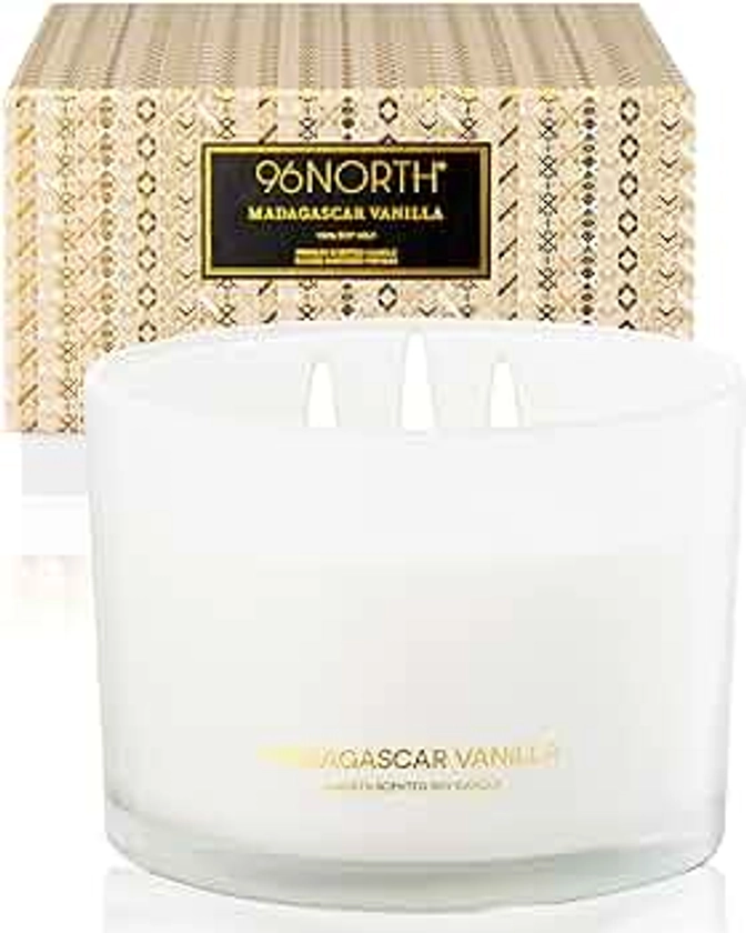 96NORTH Luxury Vanilla Soy Candles | Large 3 Wick Jar Candle | Up to 40 Hours Burning Time | 100% Natural Soy Wax | Relaxing Aromatherapy Aesthetic Candle | Housewarming Gift for Men and Women