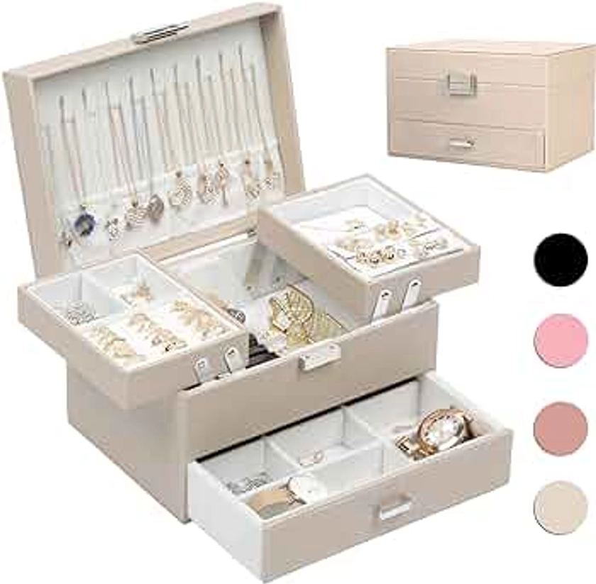 Dajasan Jewelry Box Organizer, Jewelry Boxes for Women Girls, 3 Layers Jewelry Gift Box for Christmas, Valentine's Day, Birthday, Mother's Day (Champagne)