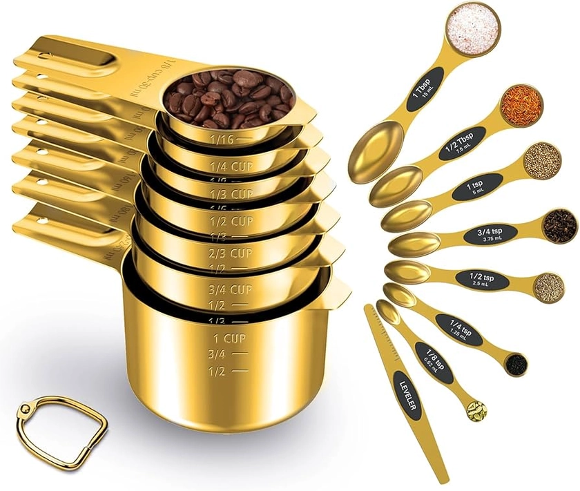 Gold Measuring Cups and Spoons Set of 15, 18/8 Stainless Steel, Includes 7 Nesting Metal Measuring Cups,8 Magnetic Measuring Spoons set - Ideal Kitchen Gadgets for Cooking and Baking Needs