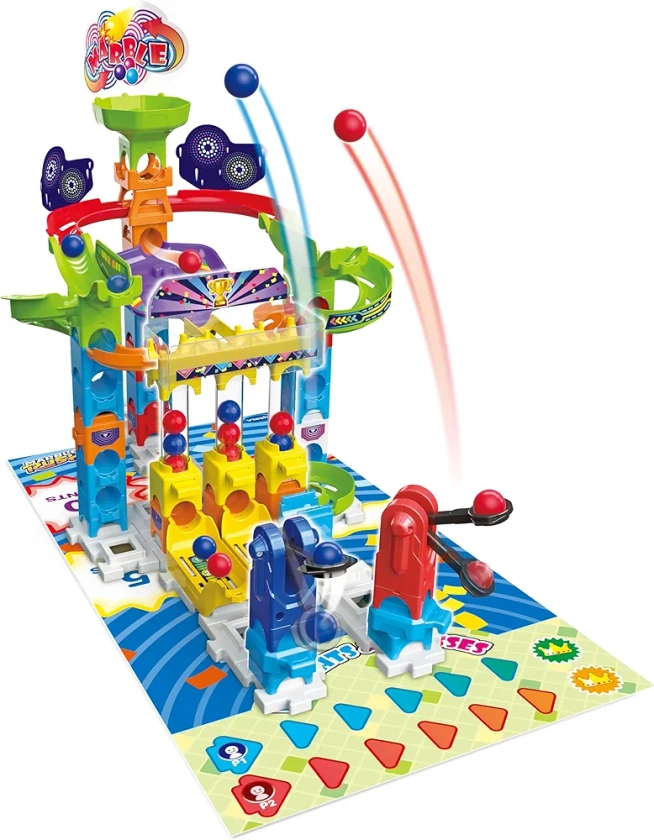 VTech Marble Rush Game Zone, Construction Toys for Kids, 12 Marbles and 62 Building Pieces, Marble Run Track Set with Red vs Blue Game Battle, 4 Games to Play, 4 Years +, English Version