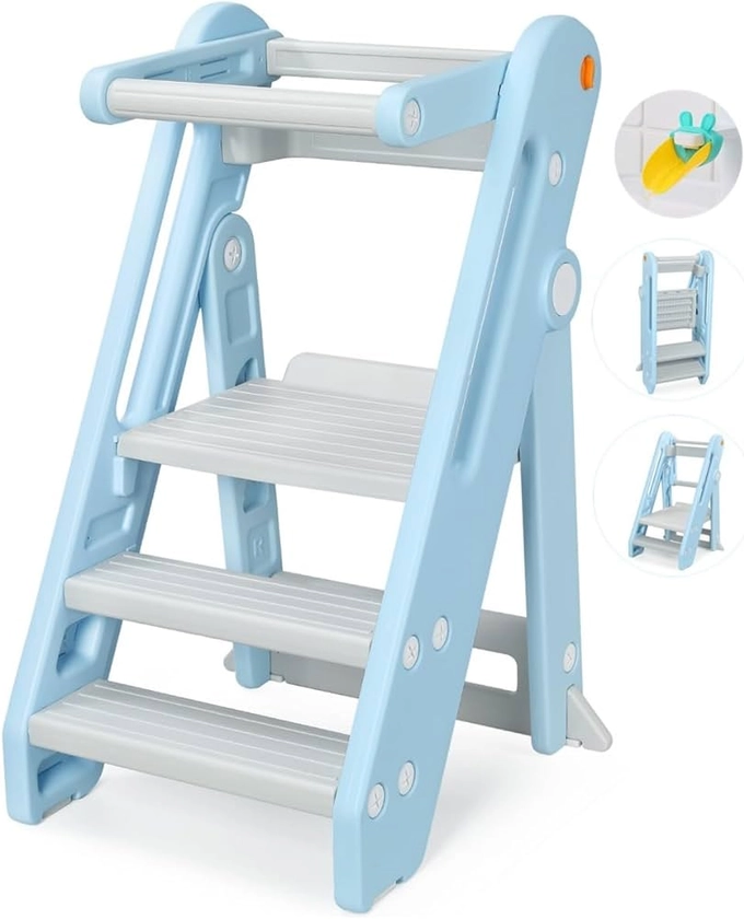 Onasti Toddler Learning Tower, Folding toddler kitchen step stool, standing tower for kitchen counter bathroom, Adjustable Height, Safety bar (Blue)