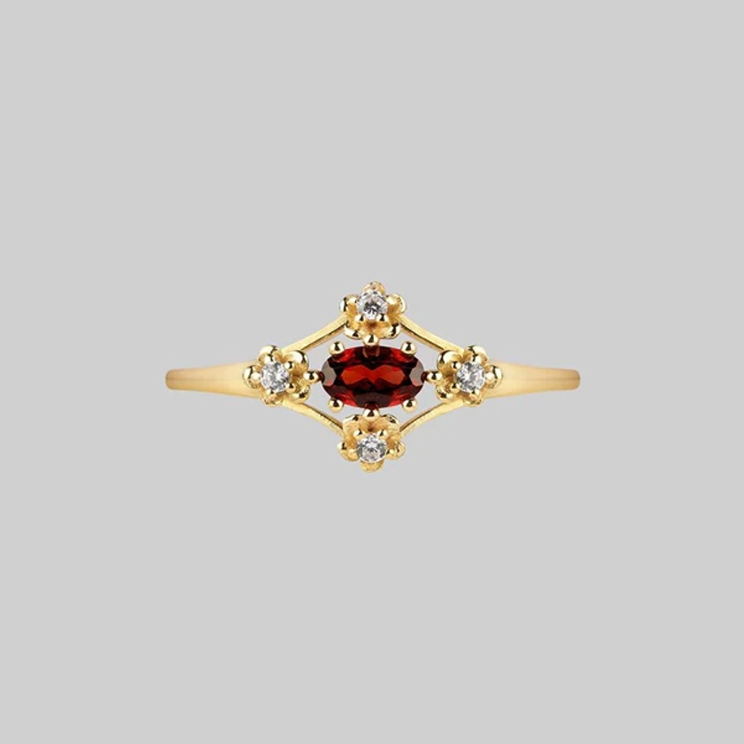 MARTHA. Ornate Garnet Floral Ring - Gold
