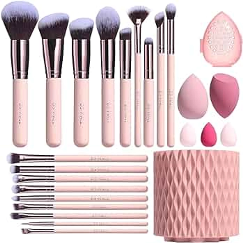 BS-MALL Makeup Brushes Premium Synthetic Foundation Powder Concealers Eye Shadows 18 Pcs Brush Set with 5 sponge & Holder Sponge Case (A-Pink)