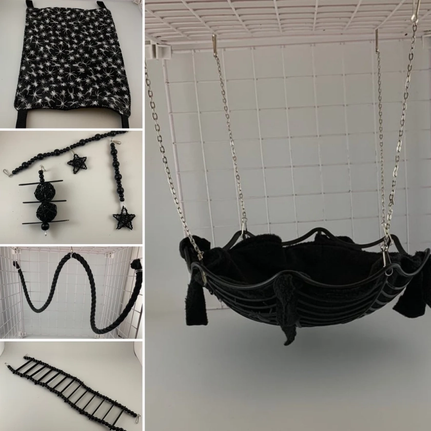 Rat Halloween Black Hammock and Toy Bundle, rat surprise box, Spider, Ladder,rats, hamsters, mice. Rat cage accessories