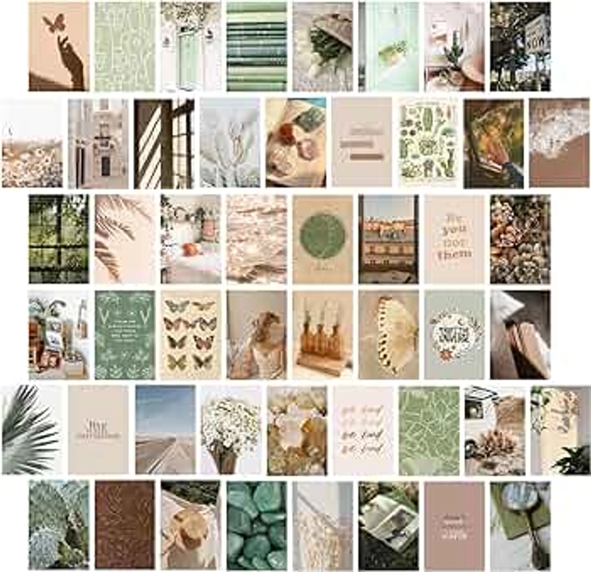 Boho Wall Collage Kit Aesthetic Pictures, 50 Set 4x6 Inch, Earthy Room Decor Aesthetic, Saga Green Photo Collage Kit, Boho Posters for Teen Girl Dorm Bedroom, Trendy Collage Wall Decor