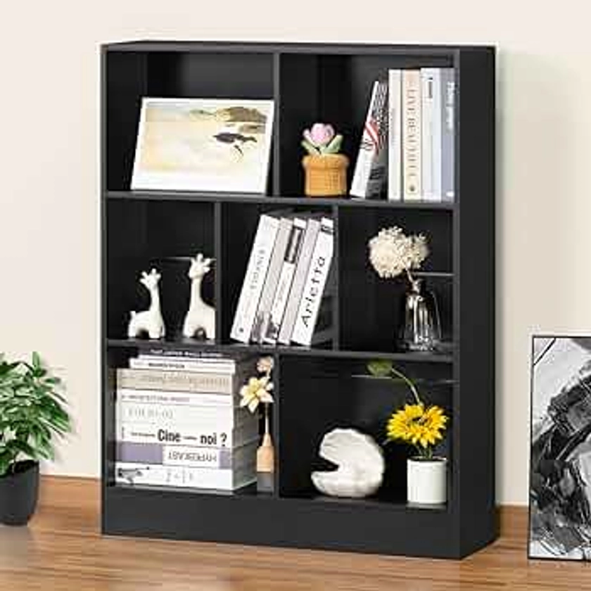 YAHARBO Black 7 Cube Bookshelf,3 Tier Modern Horizontal Bookcase,Wooden Low Book Shelf Display Storage Cabinet with Base,Floor Standing Short Bookshelves Open Organizer for Bedroom,Living Room,Office