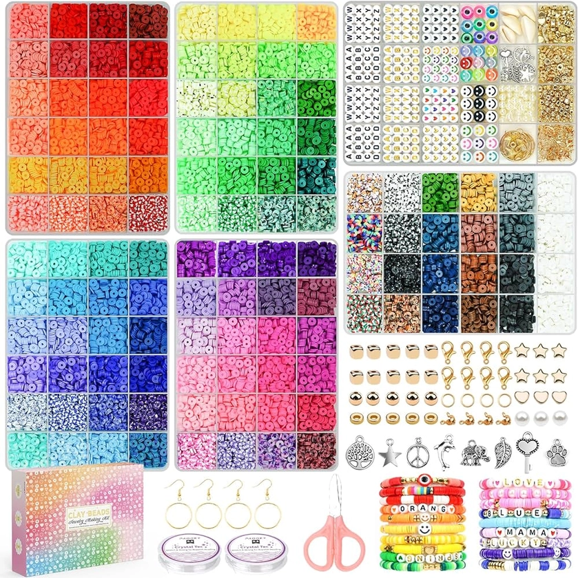 20,000 Pcs Clay Beads Bracelet Making Kit, 120 Colors 6 Boxes Polymer Beads Spacer Heishi Beads & Jewelry Kit with Pendant Charms Elastic Strings, Crafts Gift for Kids Adults