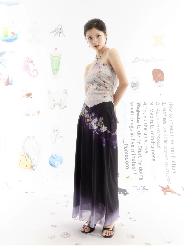 Purple Gradient Floral Print Mesh Maxi Skirt | LivingRoom